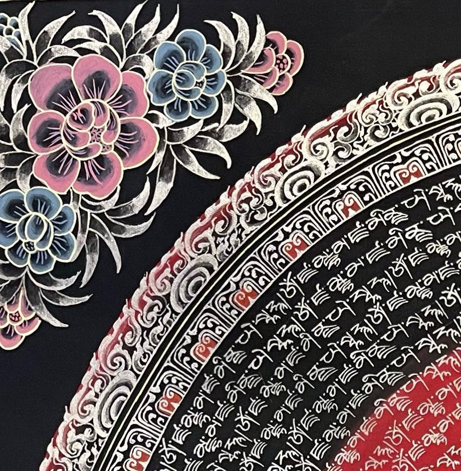 Jambhala Mantra Mandala thangka, detail: top-left corner