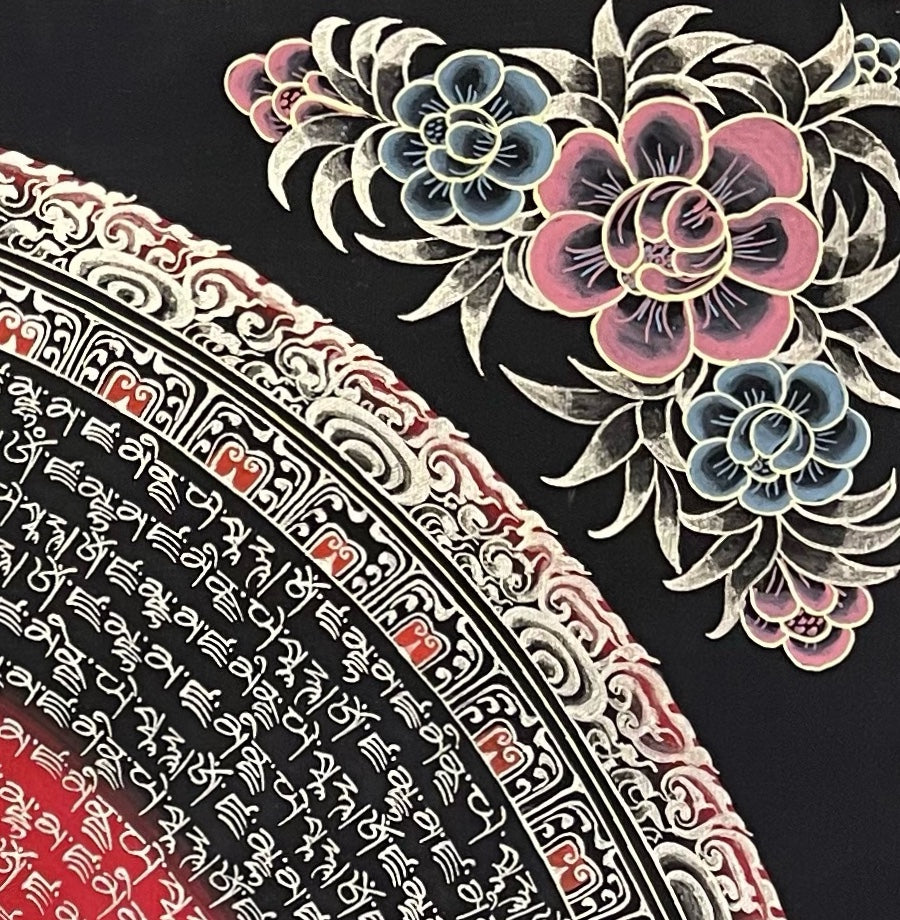 Jambhala Mantra Mandala thangka, detail: top-right corner