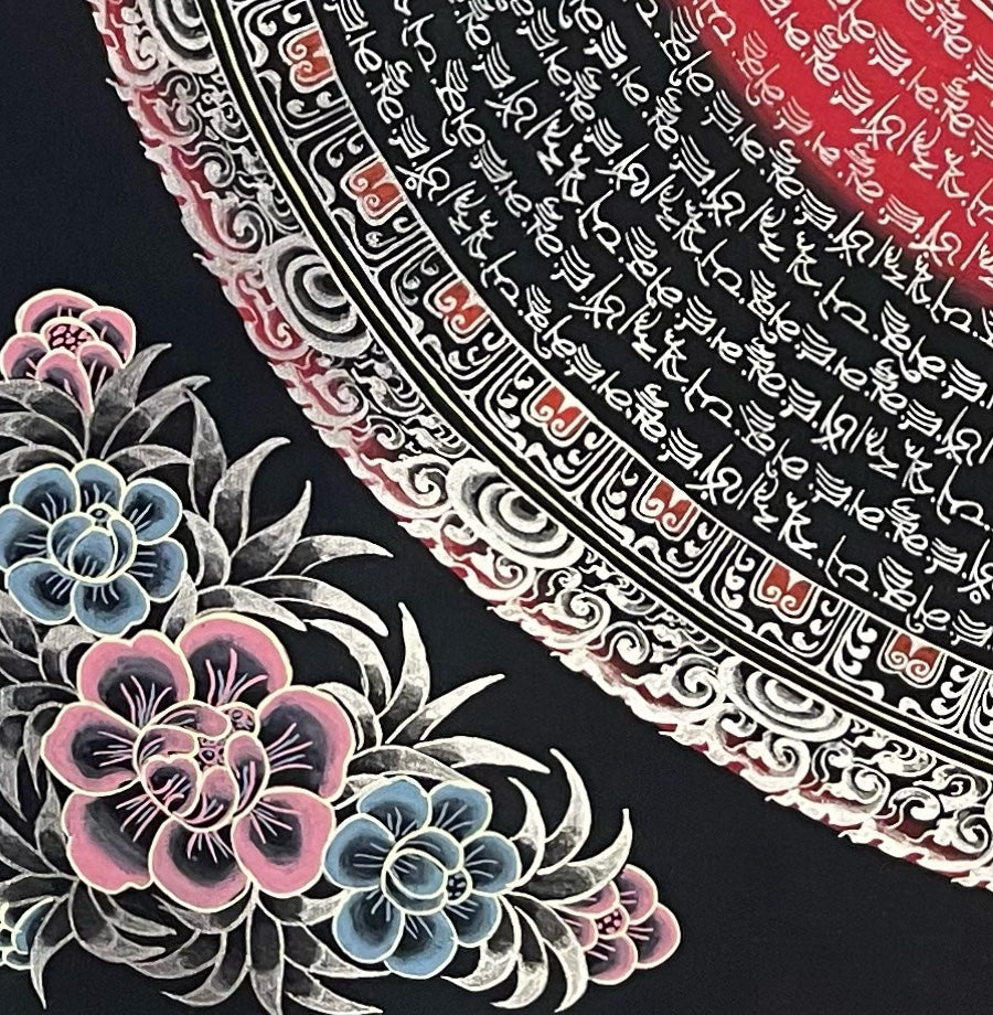 Jambhala Mantra Mandala thangka, detail: bottom-left corner