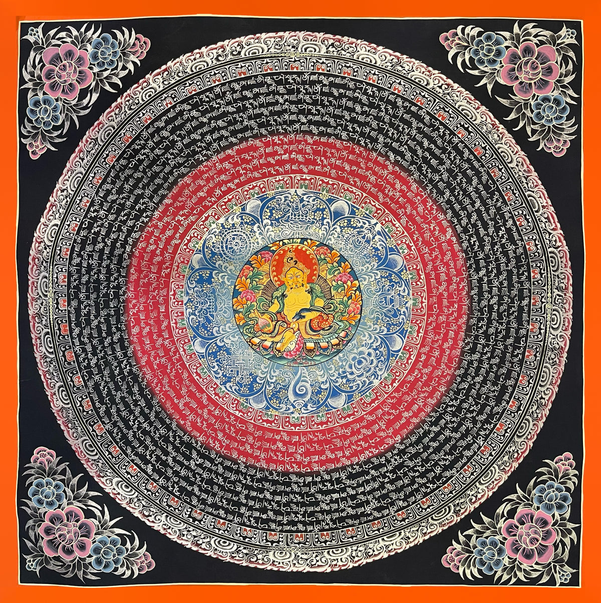 Jambhala Mantra Mandala thangka, 56×56 cm: yellow Jambhala at the centre of rings of white mantra script on red and black