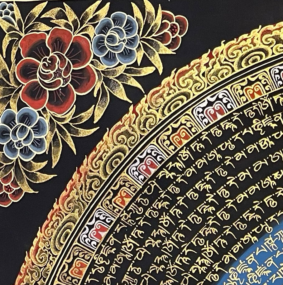 Mantra Mandala thangka, detail: top-left corner