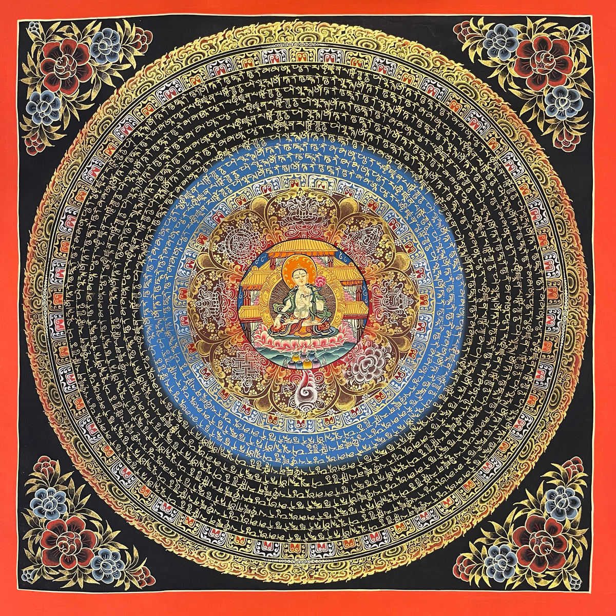 White Tara Mantra Mandala thangka, 56×56 cm: a mantra mandala with White Tara at the centre inside a lotus of auspicious symbols