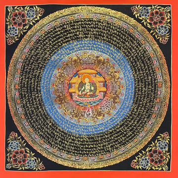 White Tara Mantra Mandala thangka, 56×56 cm: a mantra mandala with White Tara at the centre inside a lotus of auspicious symbols