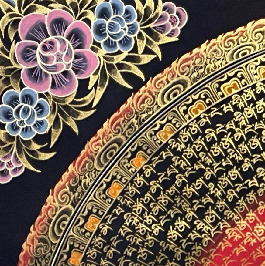 Amitabha Mantra Mandala thangka, detail: top-left corner