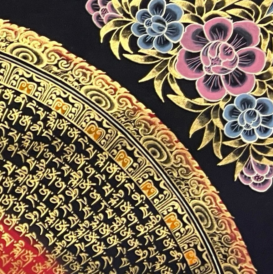 Amitabha Mantra Mandala thangka, detail: top-right corner