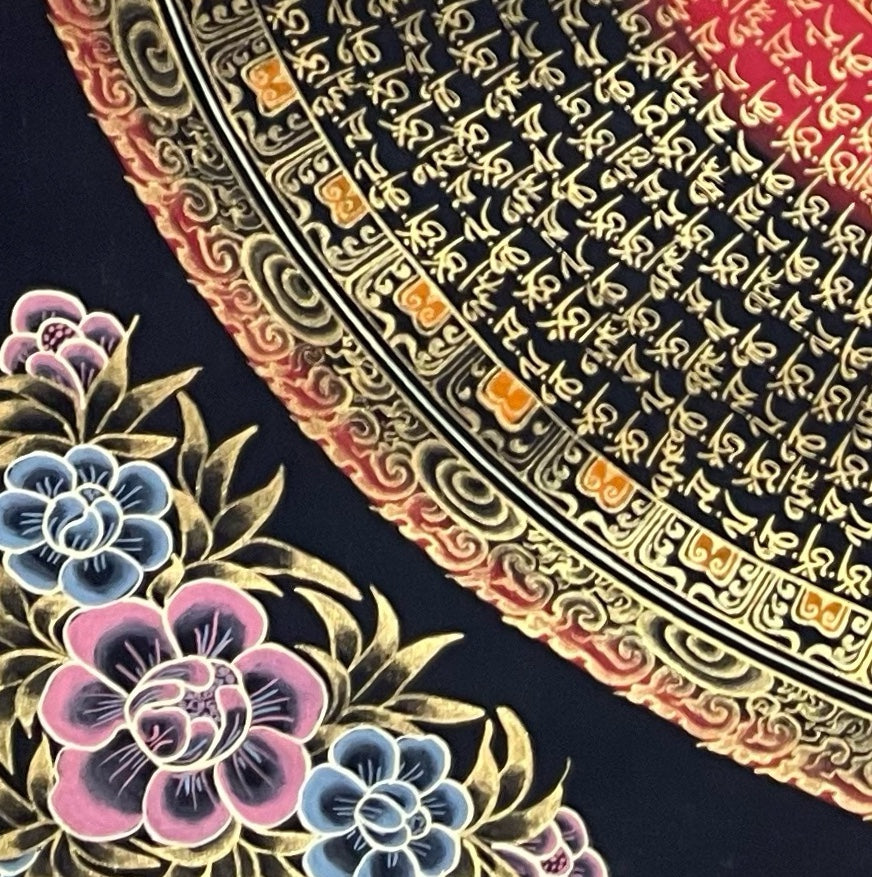 Amitabha Mantra Mandala thangka, detail: bottom-left corner