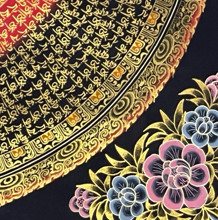 Amitabha Mantra Mandala thangka, detail: bottom-right corner