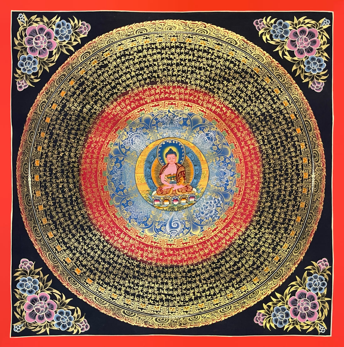 Amitabha Mantra Mandala thangka, 56×56 cm: Amitabha at the centre of rings of gold-coloured mantra script on red and black
