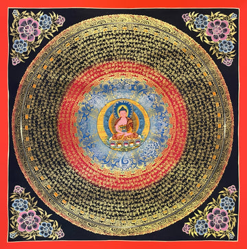 Amitabha Mantra Mandala thangka, 56×56 cm: Amitabha at the centre of rings of gold-coloured mantra script on red and black