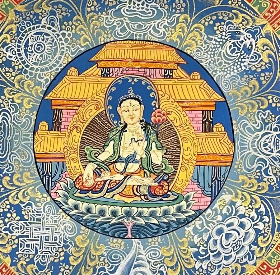 White Tara Mantra Mandala thangka, detail: centre