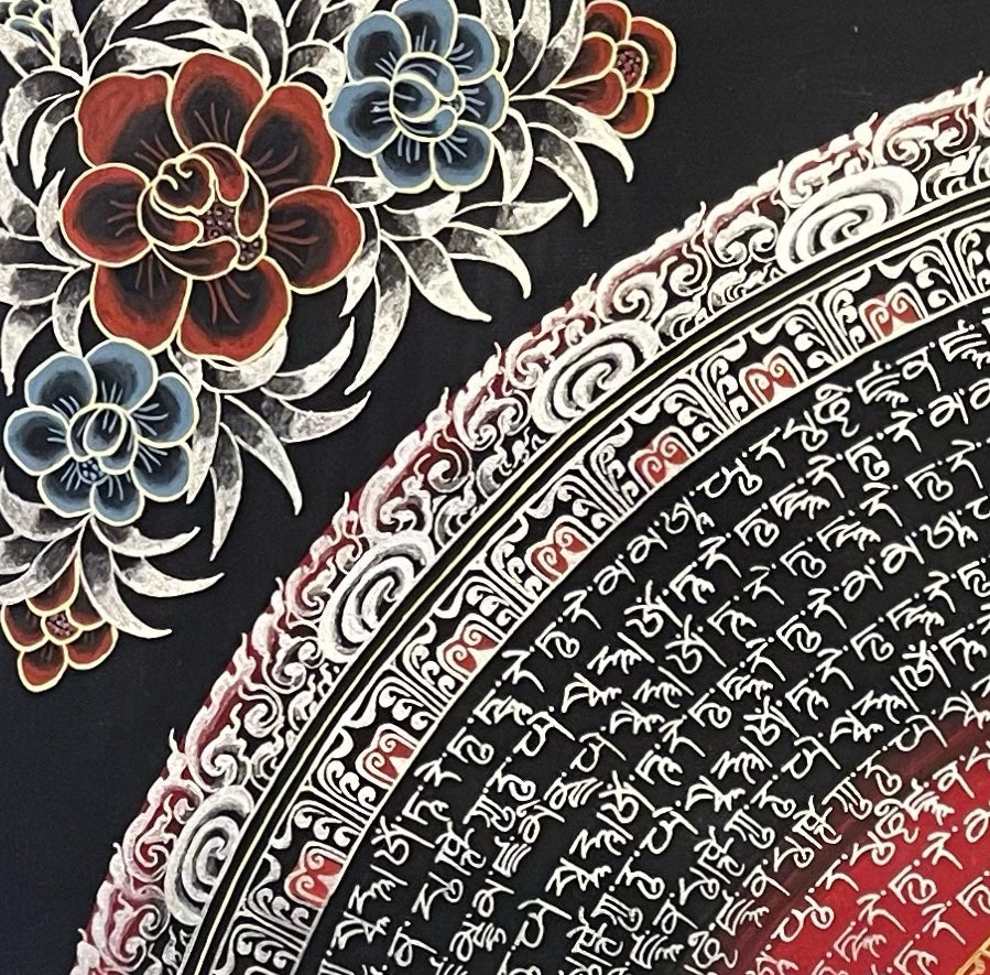 White Tara Mantra Mandala thangka, detail: top-left corner