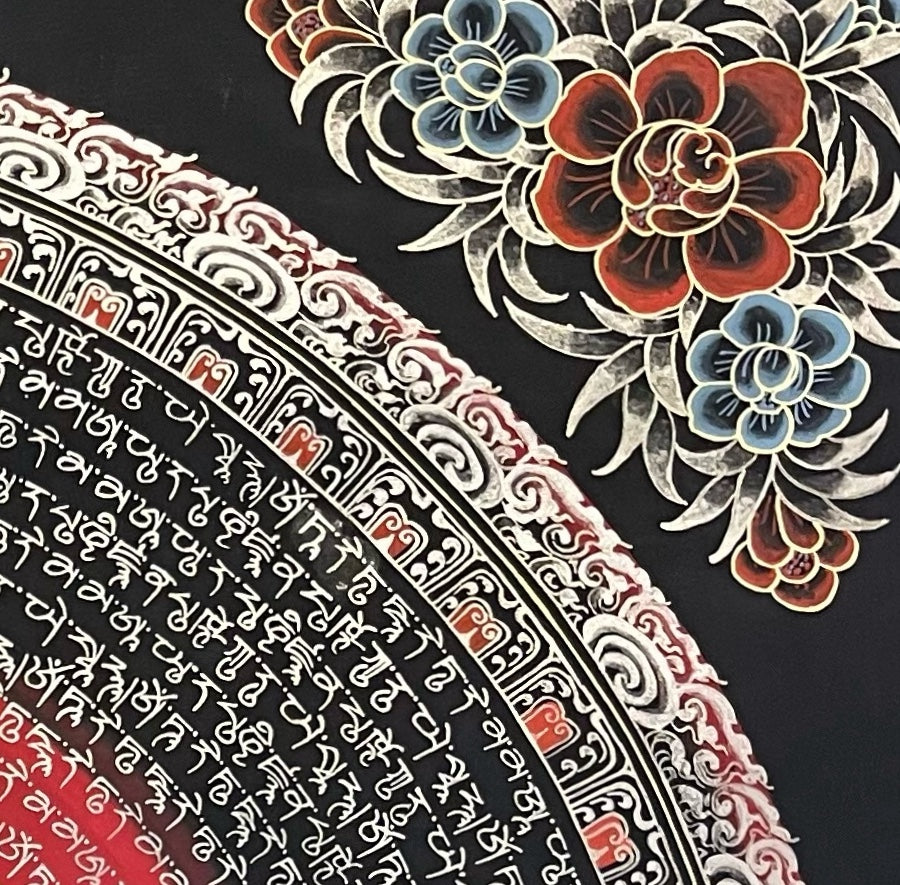 White Tara Mantra Mandala thangka, detail: top-right corner