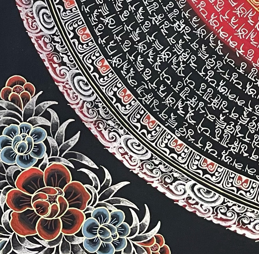 White Tara Mantra Mandala thangka, detail: bottom-left corner