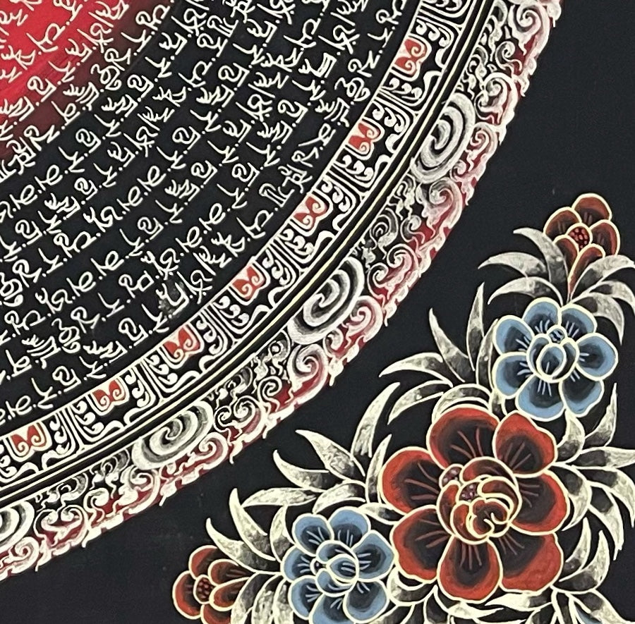 White Tara Mantra Mandala thangka, detail: bottom-right corner