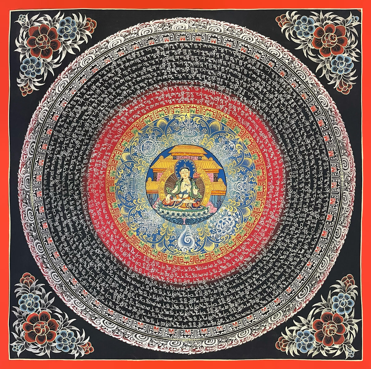 White Tara Mantra Mandala thangka, 56×56 cm: White Tara before a temple at the centre of rings of white mantra script