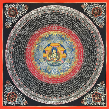 White Tara Mantra Mandala thangka, 56×56 cm: White Tara before a temple at the centre of rings of white mantra script