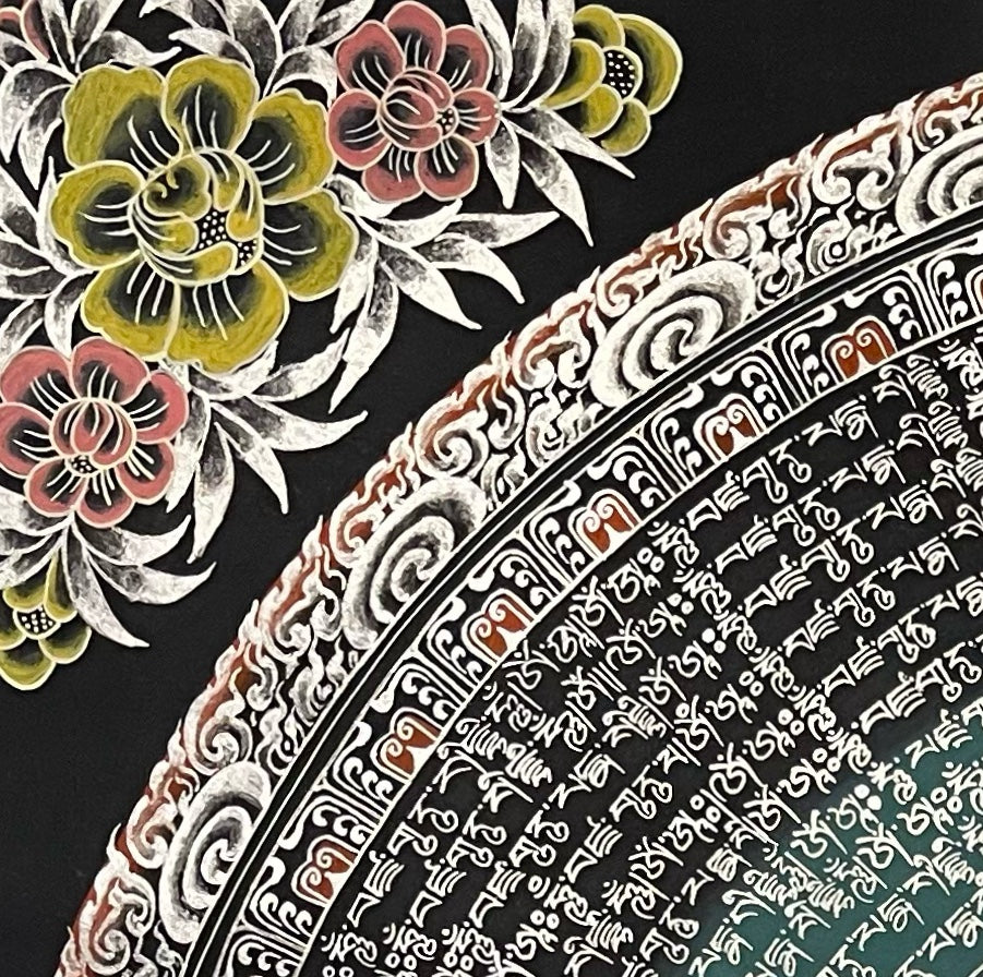 Sri Yantra Mandala thangka, detail: top-left corner