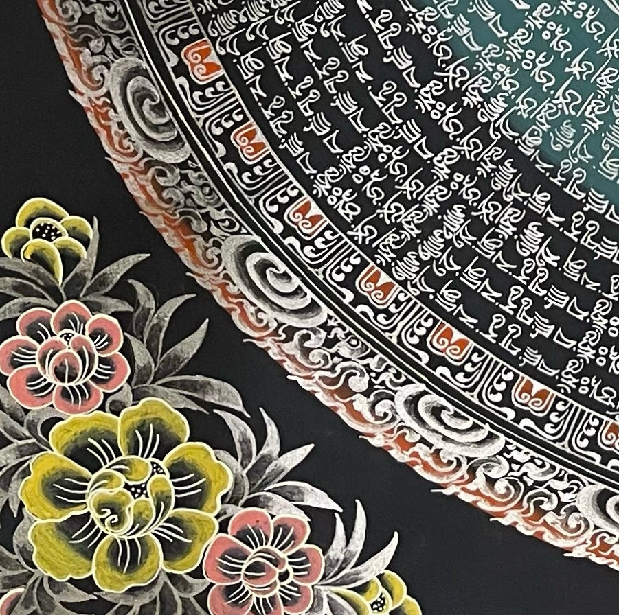 Sri Yantra Mandala thangka, detail: bottom-left corner