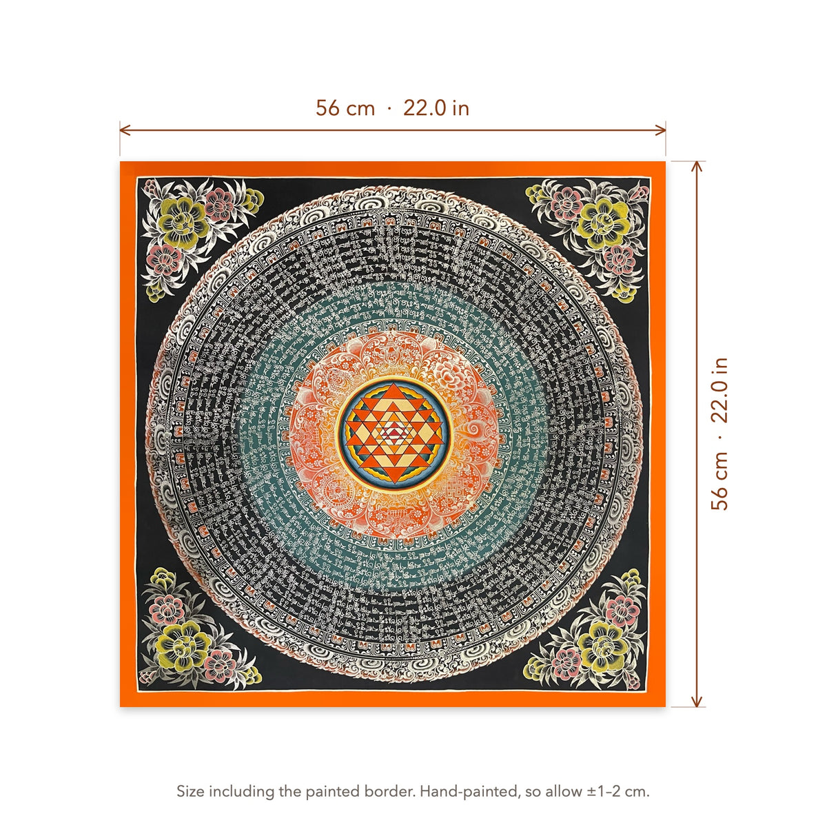 Size diagram: 56 × 56 cm (22.0 × 22.0 in), including the painted border