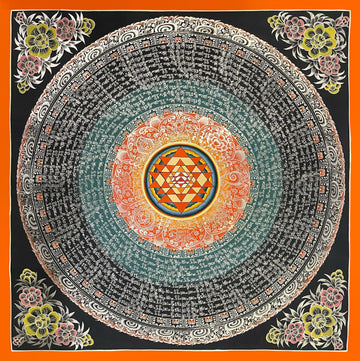 Sri Yantra Mandala thangka, 56×56 cm: an orange and cream Sri Yantra inside rings of white mantra script on teal and black