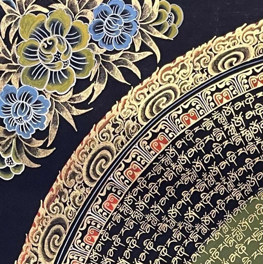 Mantra Mandala thangka, detail: top-left corner