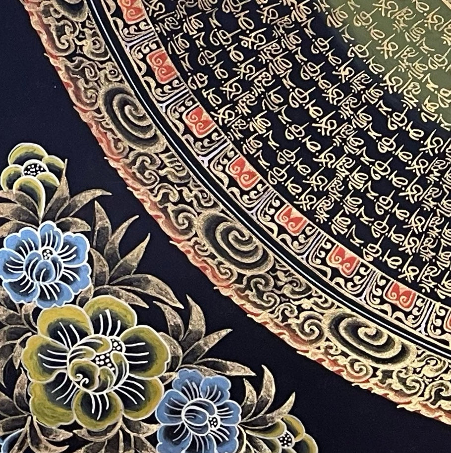 Mantra Mandala thangka, detail: bottom-left corner