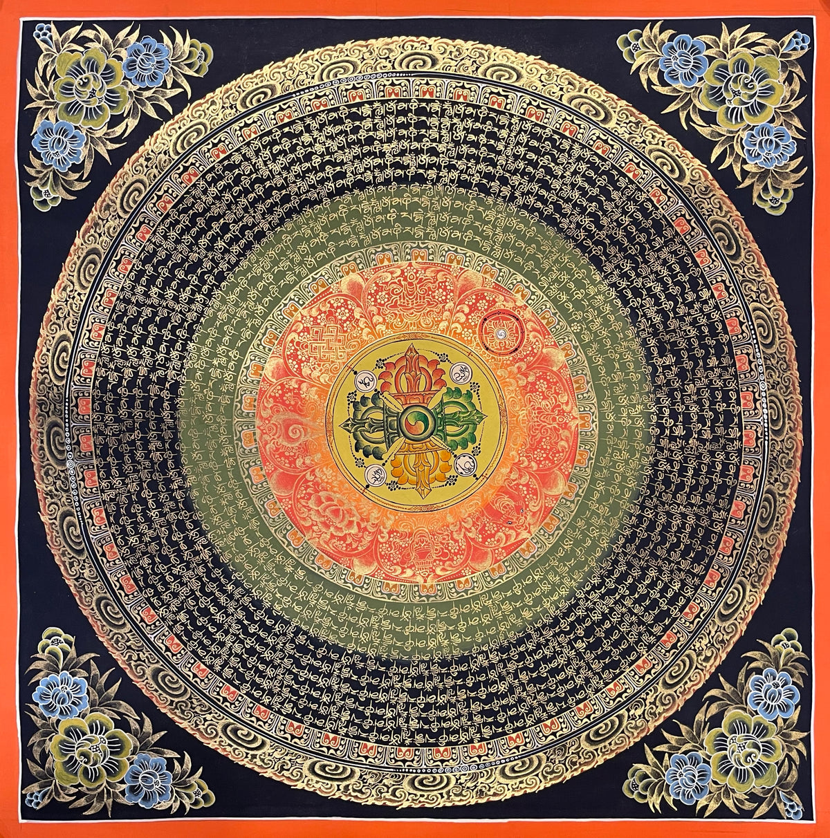 Mantra Mandala thangka, 56×56 cm: a double vajra at the centre of rings of gold-coloured mantra script on green and navy