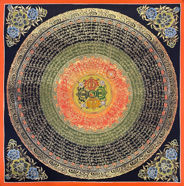 Mantra Mandala thangka, 56×56 cm: a double vajra at the centre of rings of gold-coloured mantra script on green and navy