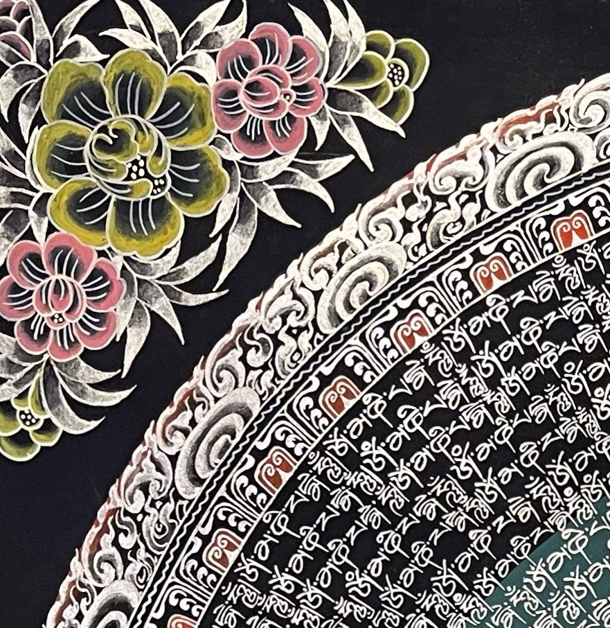 Mantra Mandala thangka, detail: top-left corner
