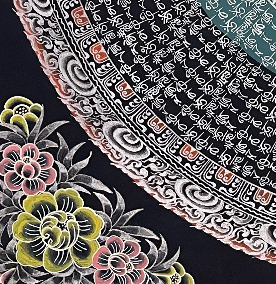 Mantra Mandala thangka, detail: bottom-left corner