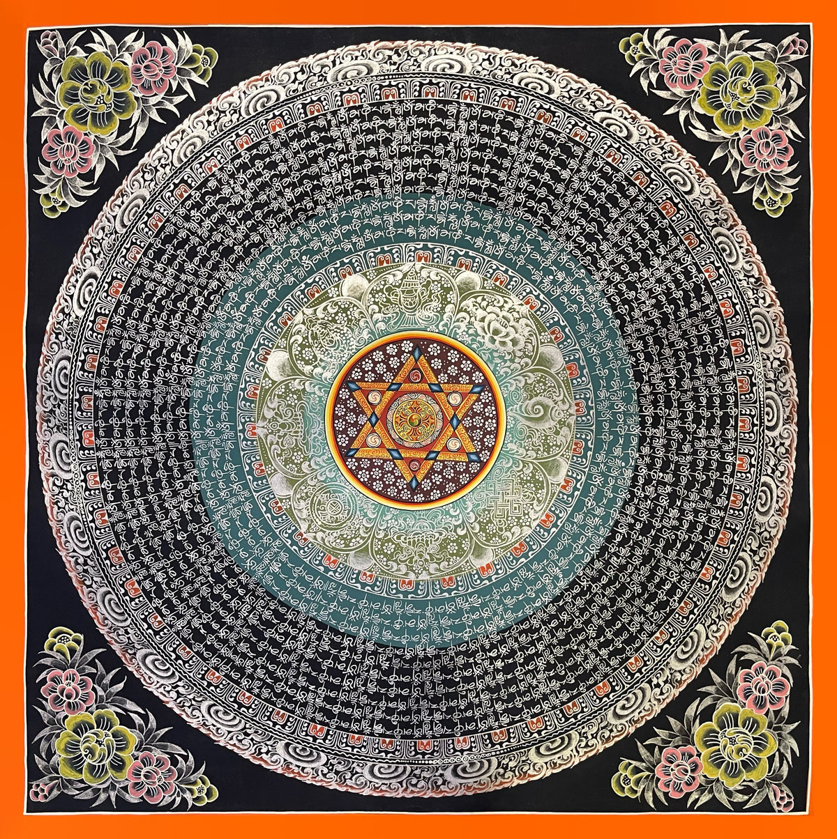 Mantra Mandala thangka, 56×56 cm: a six-pointed star at the centre of rings of white mantra script shading from teal to black