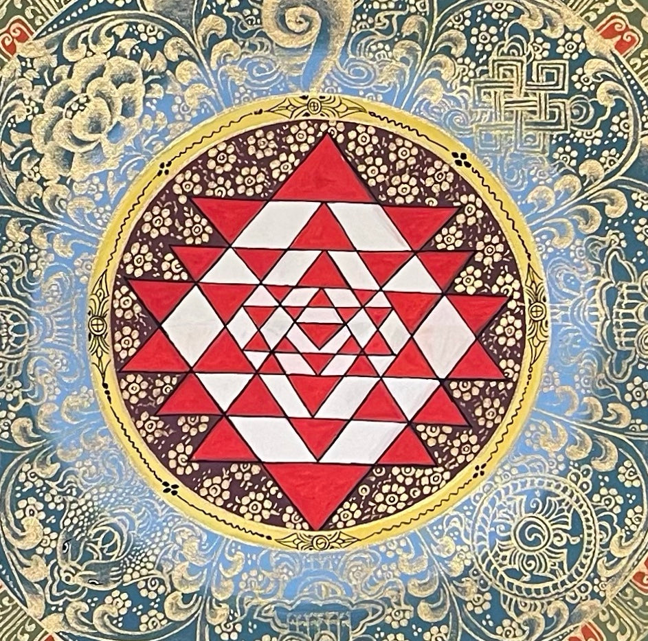 Sri Yantra Mandala thangka, 56×56 cm: a red and white Sri Yantra inside rings of gold-coloured mantra script