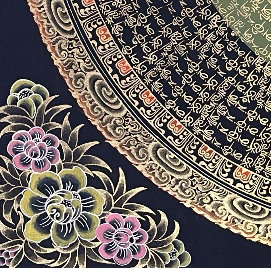 Sri Yantra Mandala thangka, detail: bottom-left corner