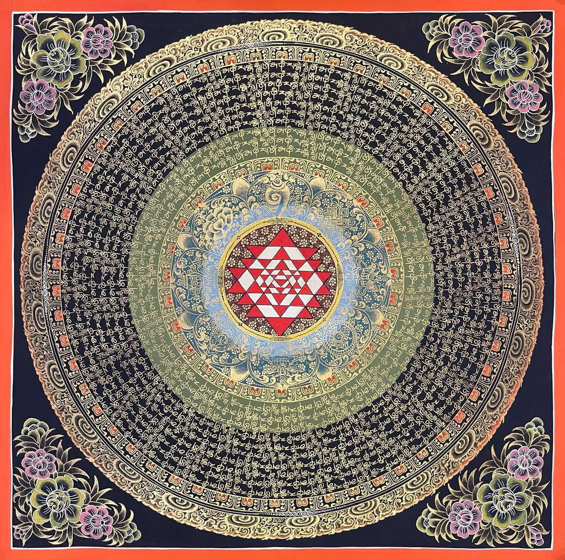 Sri Yantra Mandala thangka, 56×56 cm: a red and white Sri Yantra inside rings of gold-coloured mantra script