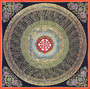 Sri Yantra Mandala thangka, 56×56 cm: a red and white Sri Yantra inside rings of gold-coloured mantra script