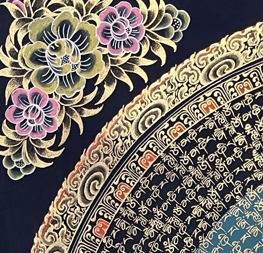 Mantra Mandala thangka, detail: top-left corner