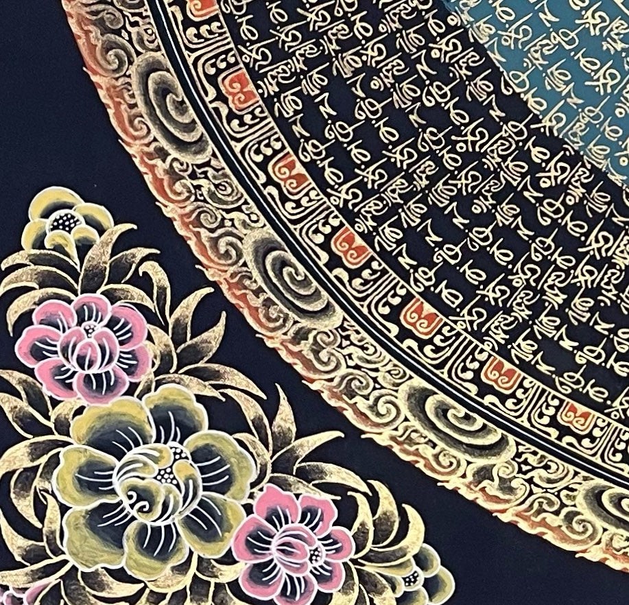 Mantra Mandala thangka, detail: bottom-left corner
