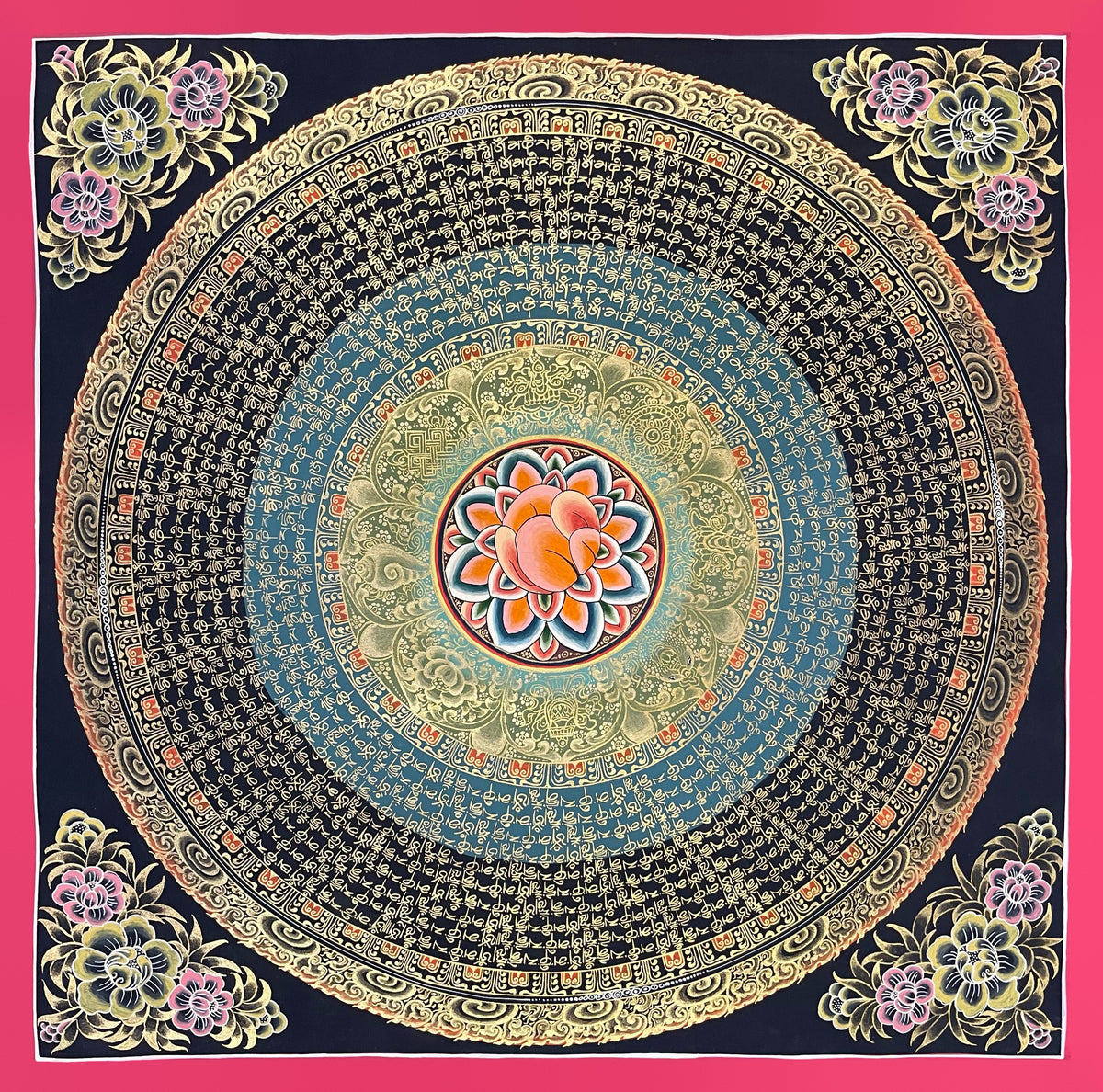 Mantra Mandala thangka, 56×56 cm: rings of gold-coloured mantra script around a many-coloured lotus, on teal and black rings