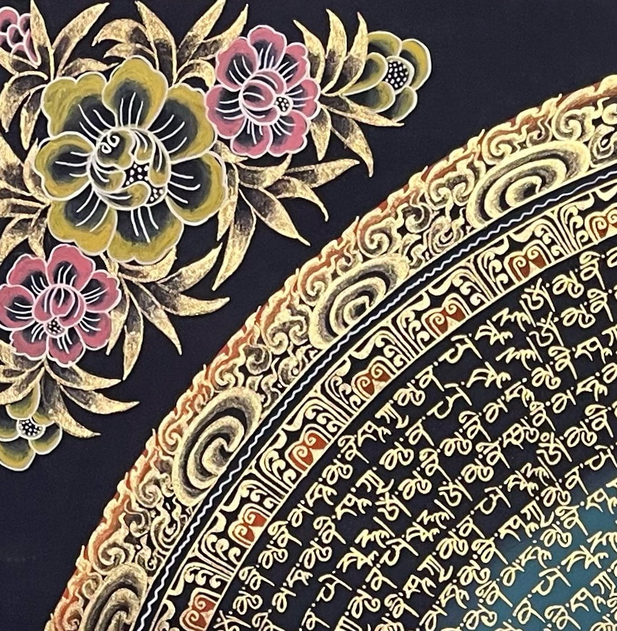 Mantra Mandala thangka, detail: top-left corner