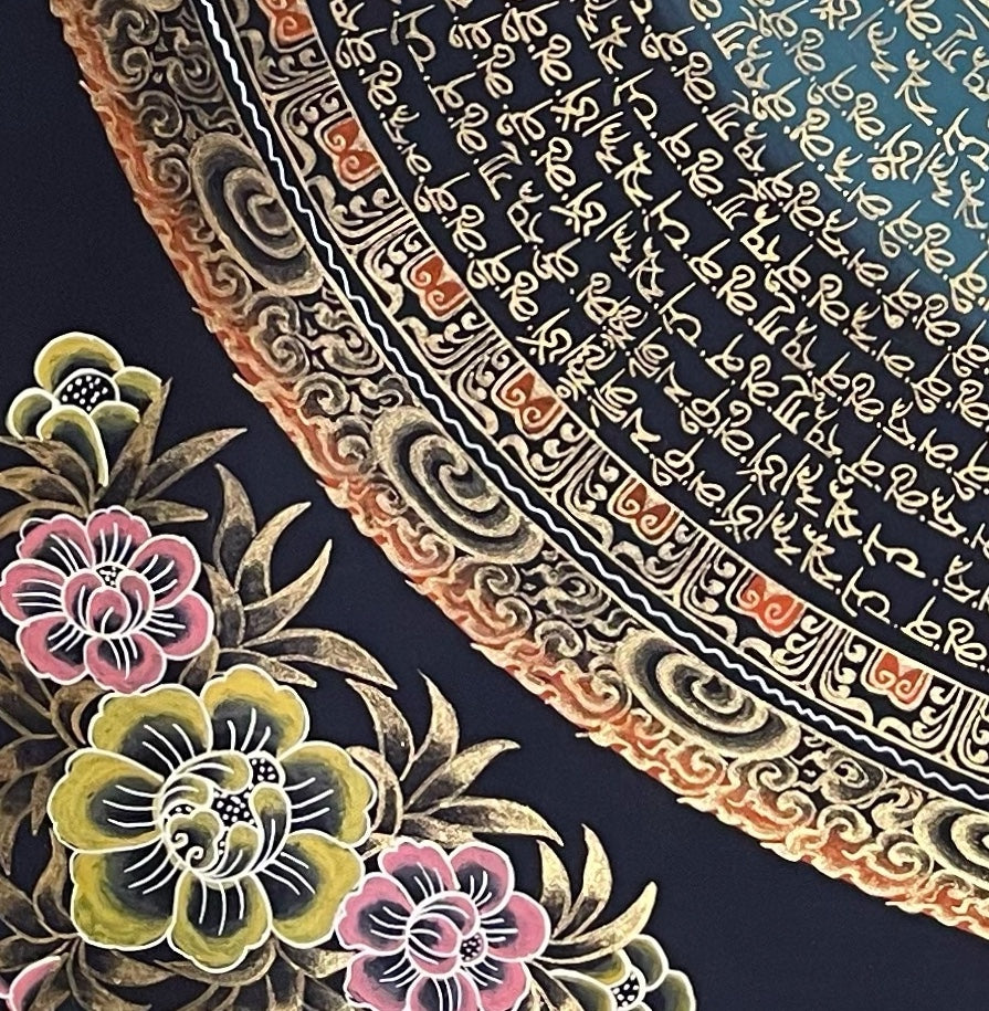 Mantra Mandala thangka, detail: bottom-left corner