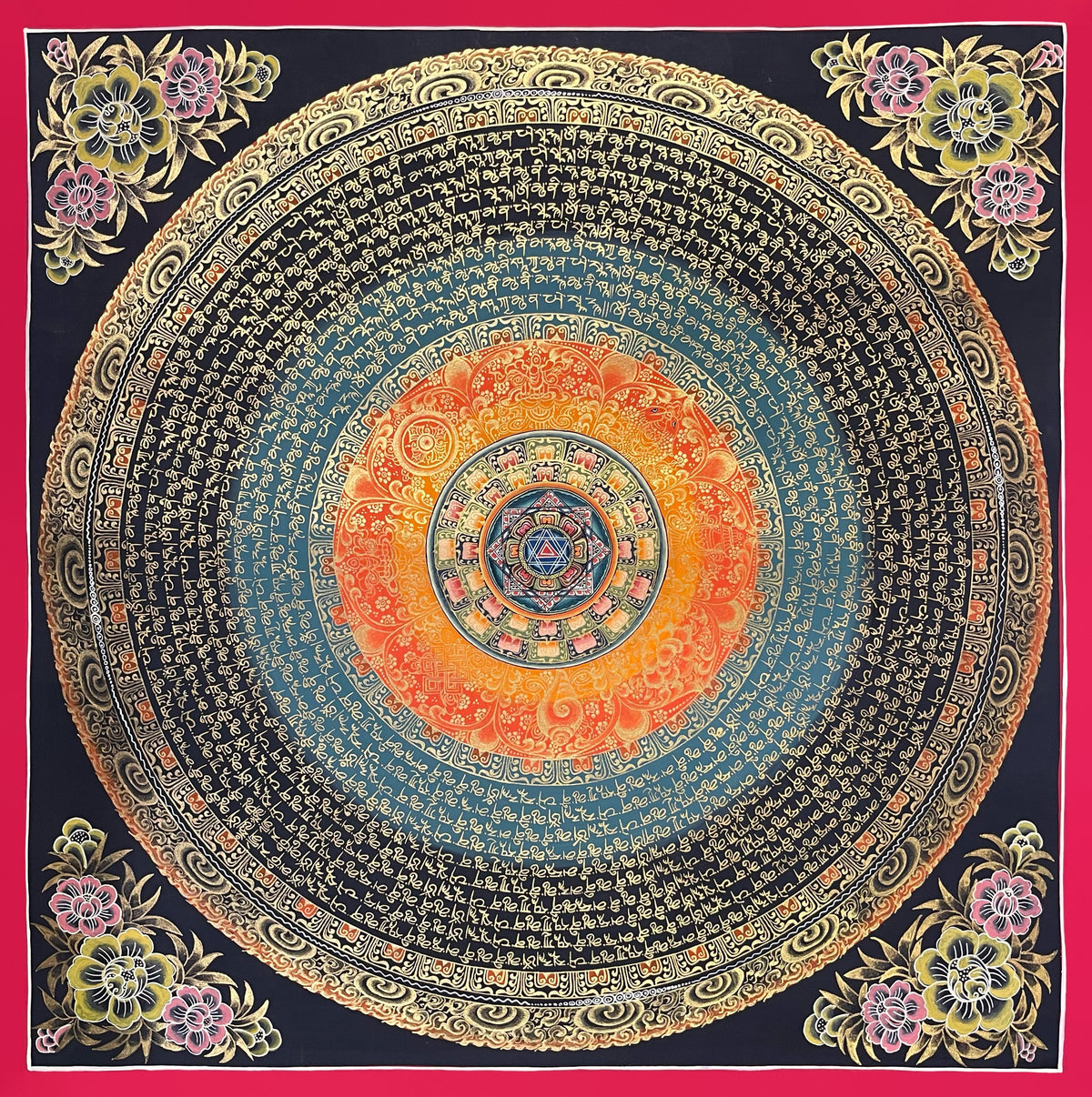 Mantra Mandala thangka, 56×56 cm: a blue six-pointed star at the centre of rings of gold-coloured mantra script on teal and black