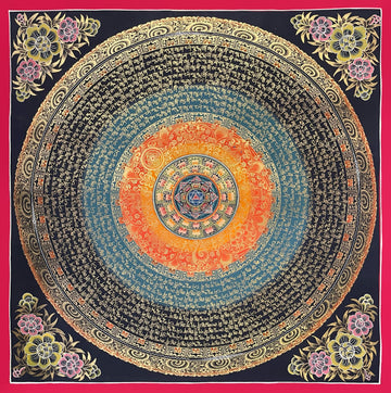 Mantra Mandala thangka, 56×56 cm: a blue six-pointed star at the centre of rings of gold-coloured mantra script on teal and black