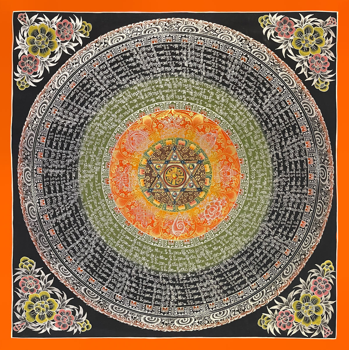 Mantra Mandala thangka, 56×56 cm: a six-pointed star with a crossed vajra at the centre, ringed by white mantra script