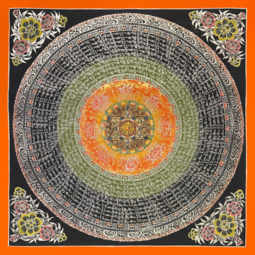 Mantra Mandala thangka, 56×56 cm: a six-pointed star with a crossed vajra at the centre, ringed by white mantra script