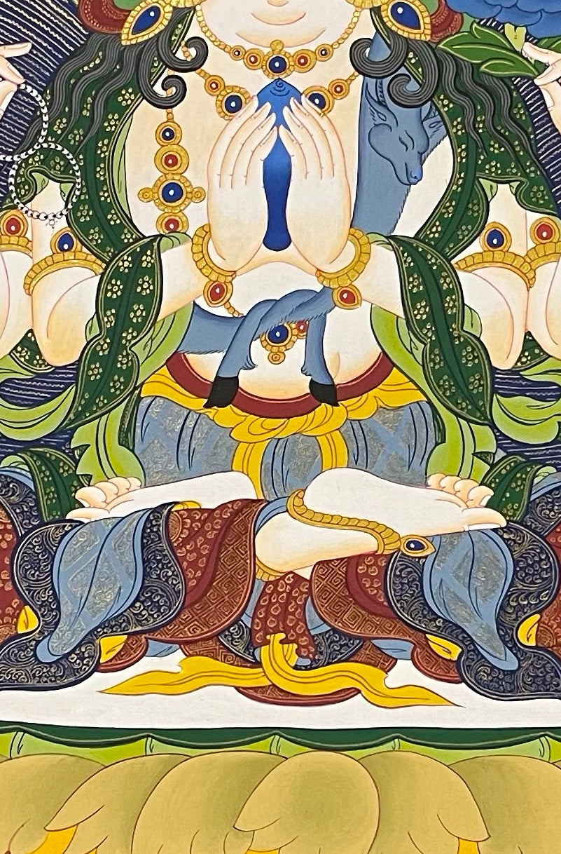 Chenrezig thangka, 59×85 cm: four-armed Chenrezig on a golden lotus under an arch with a garuda and dragons, on deep navy