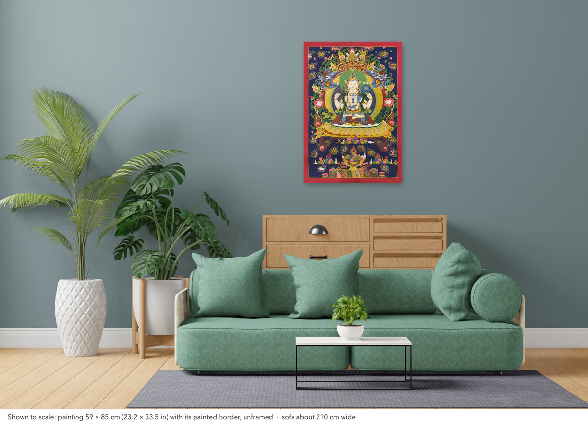 Chenrezig thangka shown to scale in a living room, unframed, above a sofa about 210 cm wide (59×85 cm)