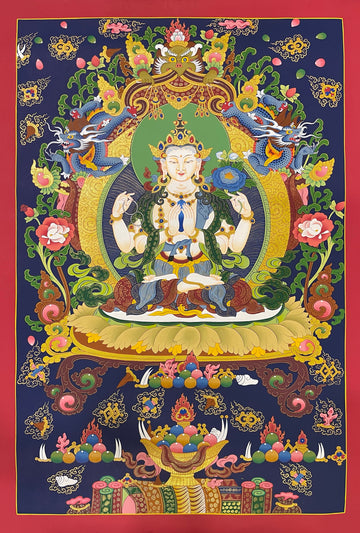 Chenrezig thangka, 59×85 cm: four-armed Chenrezig on a golden lotus under an arch with a garuda and dragons, on deep navy