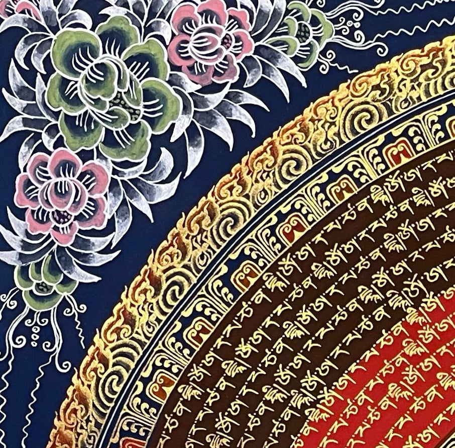 Manjushri Mantra Mandala thangka, detail: top-left corner