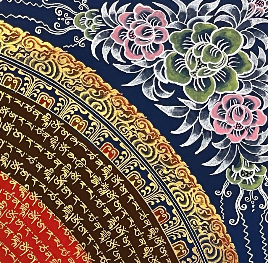 Manjushri Mantra Mandala thangka, detail: top-right corner