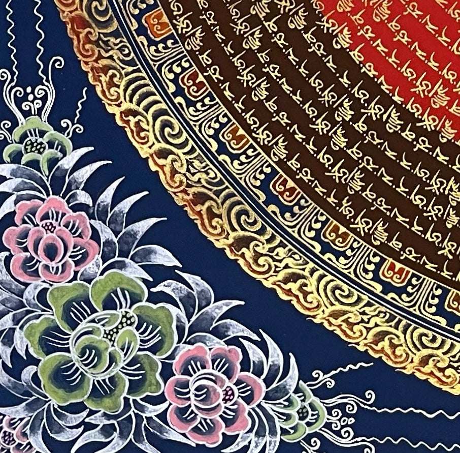 Manjushri Mantra Mandala thangka, detail: bottom-left corner
